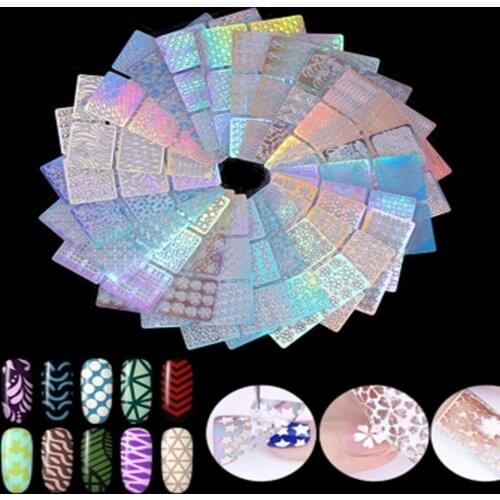 Square sticker Nail Art Irregular Grid Printed 24 Sheets/set Hollow Laser Sticker Fashion Women Nail Art Stencil Manicure Tools