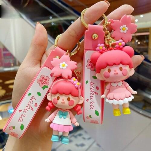 Fashion Cartoon Cherry Blossom Doll Key Chain Cute Creative Car Key Chain Ring Bag Couple Gift Pendant Mobile Phone Accessories