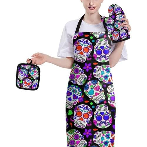 Halloween Party Fashion Skull Pattern Baking Gloves Heat Insulation Non-Slip Anti Hot Table Mat and Kitchen Apron Set Home Cook