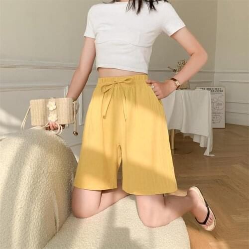 Fashion High Waist Women Running Shorts Casual Half- length Sashes Belted Women Loose Shorts Pockets