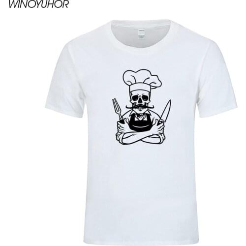 Chef Skull Master BBQ Apron Cooking Hat T-shirt Funny Printed Cotton T Shirt For Men Cool Short Sleeve Tops Tees Male