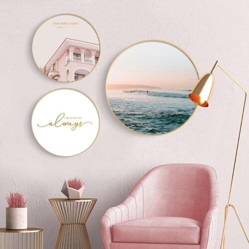 Nordic Modern Pink Building Green Plant Sea Wall Art Pictures Posters Prints For Living Room Home Office Canvas Painting Decor