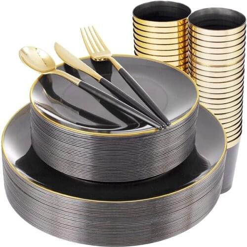 60Pcs Disposable Tableware Transparent Black Plastic Plate With Golden Edge Golden Plastic Silverware Black Transparent Cup Set