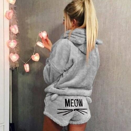 2021 New Winter Womens Flannel Pajamas Set Cute Bear Hooded Pajamas Warm Coral Fleece Sleepwear Hoodie+Short Tow 2pcs Suit