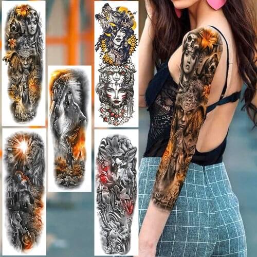 Greece Tribal Warrior Temporary Tattoos For Men Women Full Flower Arm Knight Tatoo Sticker Waterproof Body Art Fake Tattoo Paper