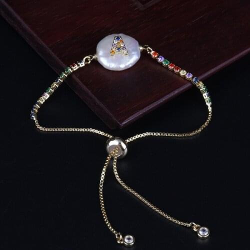 ABC Initial 26 Alphabet Letter Name Natural Freshwater Coin Pearl Rainbow CZ Gold Unisex Bracelets Jewelry For Women Girl Gift
