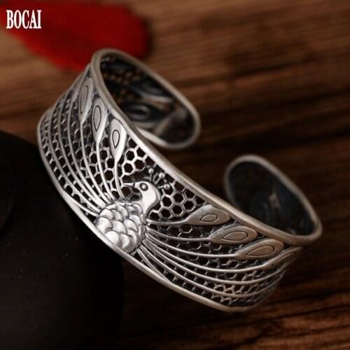 2020 news 999 pure silver wide version peacock woman bracelet national style engraved silver bracelet women adjustable bracelet