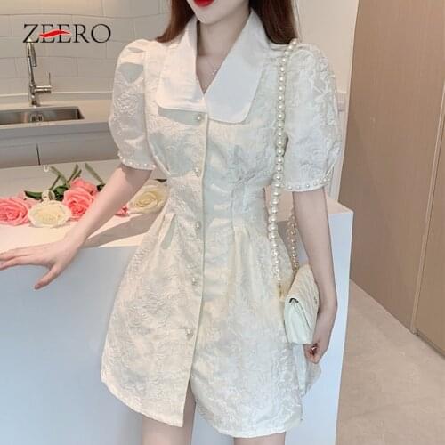 Summer Korean Female Slim Short Sleeve Office Style Mini Dresses for Women Lapel Pearl Single-breasted High Waist A-Line Dress