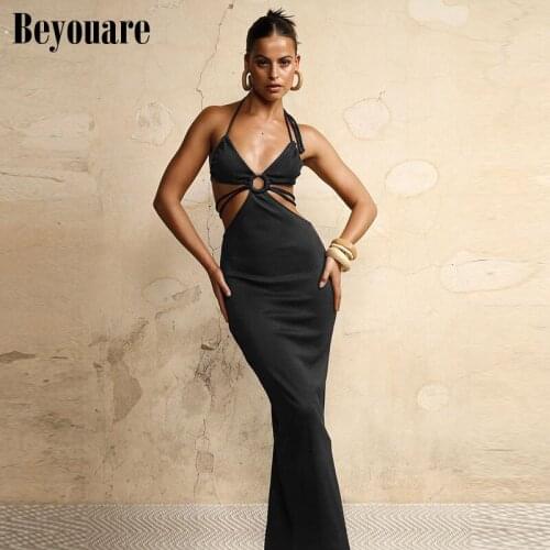 Beyouare Womens Halter Hollow Out Dress For Women Spaghetti Strap Backless Slim Skinny Bodycon 2021Summer Solid Fashion Elegant