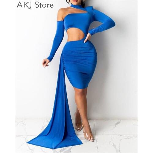Plus Size One Shoulder Ruched Hollow Bodycon Dress Women Solid Color Long Sleeve Mini Dress