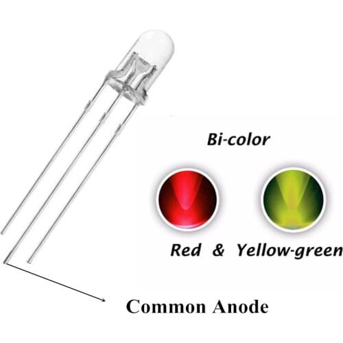 100pcs 5mm Red Yellow Green LED Common Anode 5 mm Transparent 20mA Round Head Bicolor LED Water Clear Lamp Light Beads