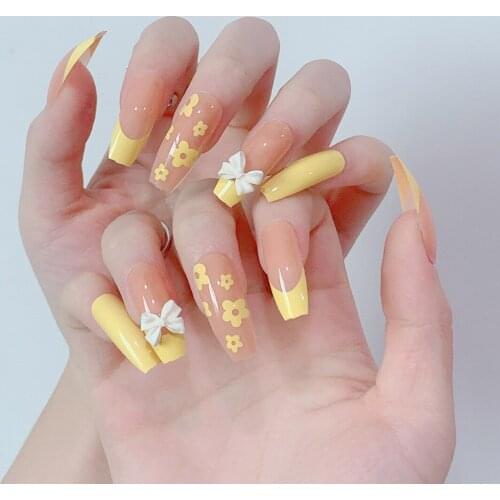 24pcs Yellow Flower Fake Nail Tips Bow Daisy Long Ballet False Nails with Glue French Full Cover Press Nail Accessories Tips
