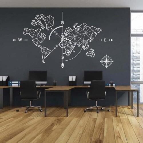 Large World Mape Compass for home Wall Decal Adventure Exploration Global travel for Office classroomVinyl Wall StickerHJ507
