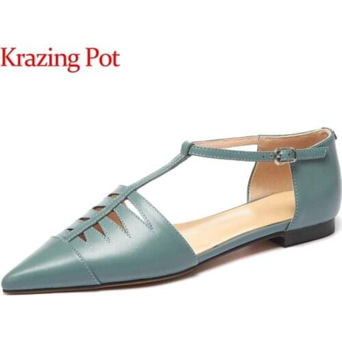 Krazing pot genuine leather pointed toe shallow buckle straps simple style gentlewomen French romantic mules sandals women L47