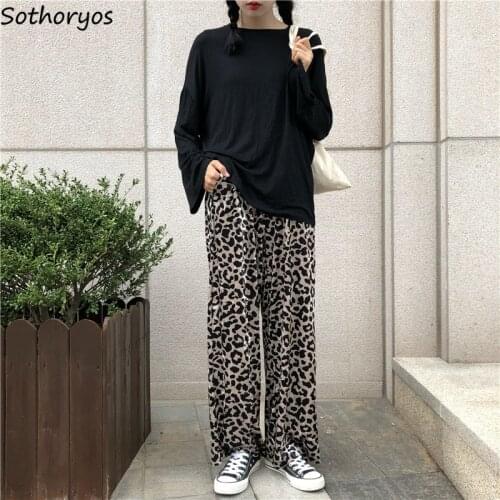 Pants Women Retro Autumn Loose Leopard High Waist Elegant Korean Womens Trousers Trendy Soft Daily Chic Pockets Casual All-match