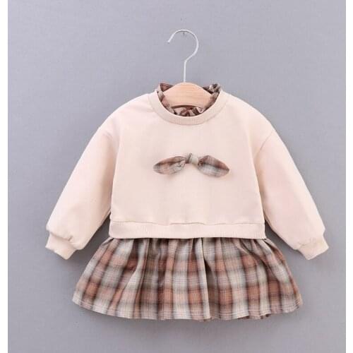 Childrens Clothing 2020 Autumn New Girls Cotton Knitted Lattice Stitching Dress Female Baby Long-sleeve Bowknot Bottoming Dress