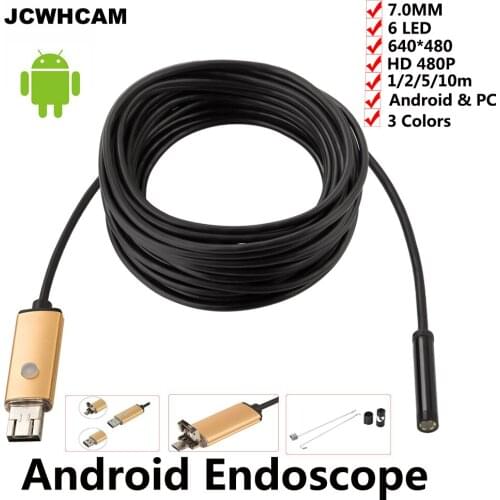 JCWHCAM 7mm 2in1 Android USB Endoscope Camera 1/2M 5M OTG Micro USB Snake Tube Inspection Borescope IP68 Waterproof 6PC LED