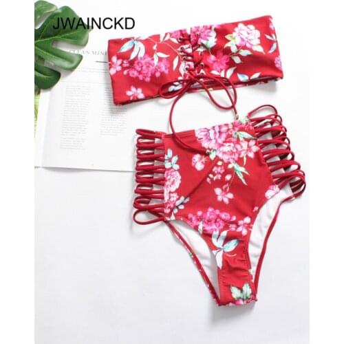 JWAINCKD 2018 New Style High Waist Swimsuit Women Bikini Set Bandeau Bathing Suit Swimwear Floral Print Female Sexy Beachwear
