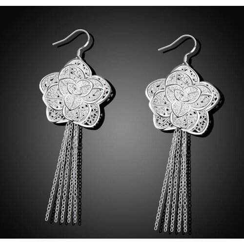 Classic 925 Sterling Silver tassel Flowers drop earrings for Women high quality party wedding Jewelry fashion Christmas Gifts