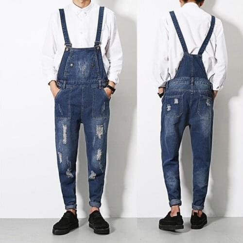 Spring And Summer New Overalls Vintage Bib Pants Men One Piece Strap Pants Teenage Jumpsuits Ankle Banded Pants Ripped Jeans