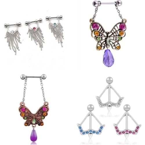 2 pc 316l Surgical Steel Crystal CZ Gem Butterfly Tribal Nipple Piercing Shiled Rings Nipple Barbell Body Jewelry