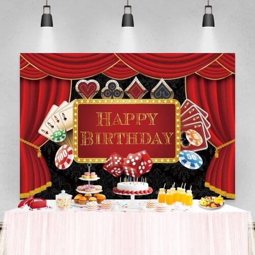 Laeacco Birthday Backdrops Red Curtain Casino Playing Cards Dice Las Vegas Custom Photography Backgrounds For Photo Studio Props