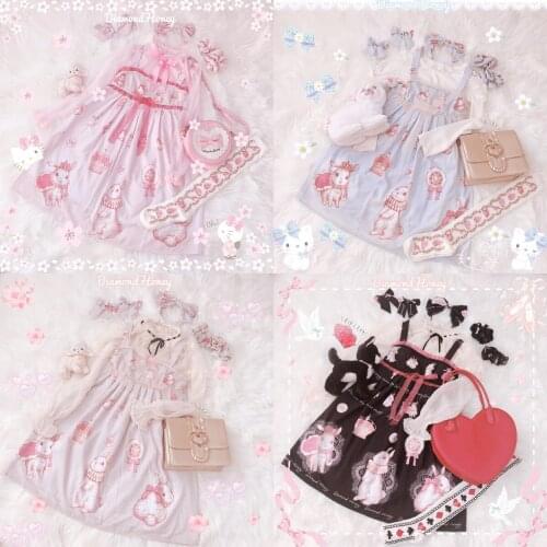 Crown Rabbit Print Cute Womens Lolita JSK Princess Dress Sleeveless Suspender Dress Lace Trim Bow One Piece 4 colors