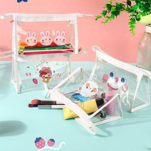 Cute Cartoon Transparent PVC Cosmetic Bag Waterproof Zipper Travel Bathroom Toiletries Lipstick Portable Storage Bags Organizer