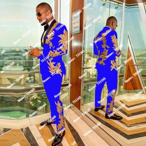 Royal Blue Formal Men Suits Set Wedding Blazer Basculino Terno Black Lapel With Gold Appliques Beaded Jacket With Pants Grooms