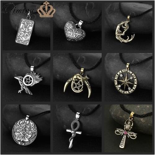 Cletic Viking Punk Retro Necklace For Women Cuban Crescent Moon Zodiac Pentagram Hexagram Corss Ankh Raven Slavic Men Necklace