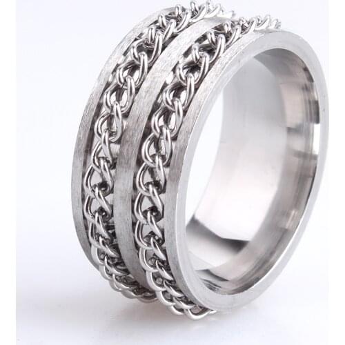 NEW 10MM Silver 2Row Turning Chain Stainless Steel Ring Band Eternity Men Women Wedding Party Valentine Gift