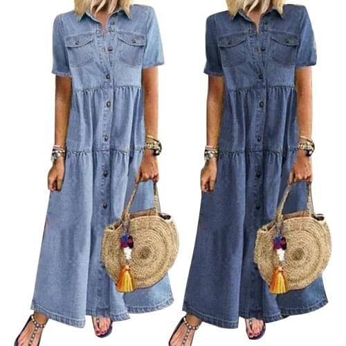 Plus Size 3xl Women Summer Denim Dress Retro Women Short Sleeve Turn Down Collar Pockets Button Long Loose Denim Dress