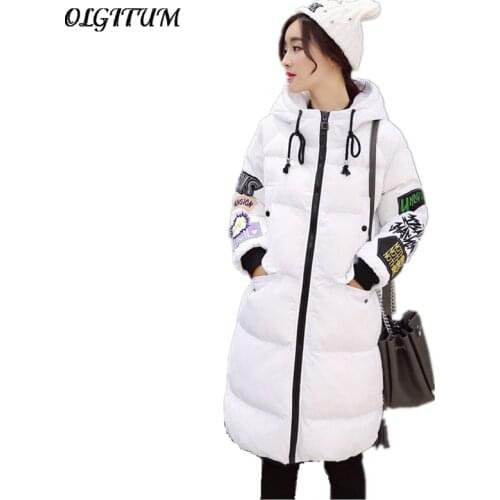 S-3XL Newest Style Winter Women Down cotton coat Large Size long section letter print overcoat Hooded Parka Loose warm Outwear