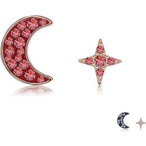 SILVERHOO 925 Sterling Silver Earring For Women Sparkling Star Moon Asymmetry Colorful Cubic Zircon Stud Small Earrings Jewelry