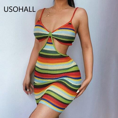 USOHALL Patchwork Knit Bodycon Dress Women Rainbow Color Spaghetti Strap Hollow Out Backless Mini Beach Dresses