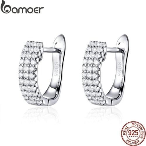 BAMOER Classic New 925 Sterling Silver Shining Clear CZ Cubic Zircon Stud Earrings for Women Wedding Jewelry SCE560
