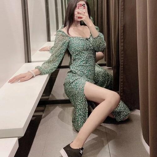 Split Floral Print Lace Up Bohemia Summer Women Beach Midi Dress De Fiesta De Noche England Style Square Collar Elegant Dress