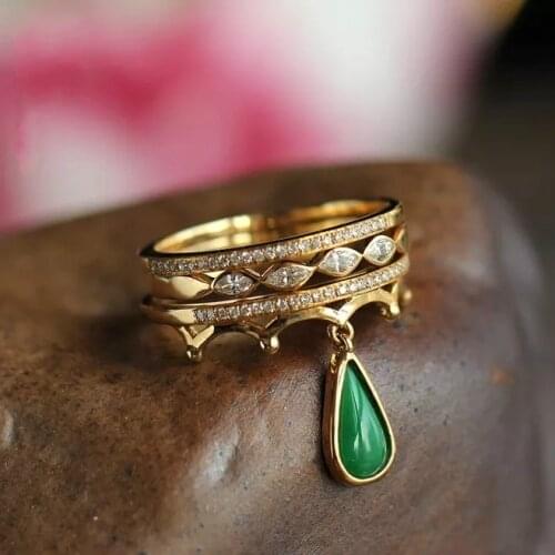 Women Fashion 18K Gold Ring Elegant Unique Pendant Natural Emerald Jewelry Wedding Engagement Party Ring Size 5-11
