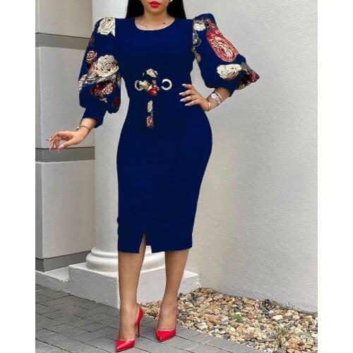 Blue Bodycon Dresses For Women Summer Elegant Lantern Sleeve Dress Floral Printed Evening Party Dress Ladies Clothing 2021