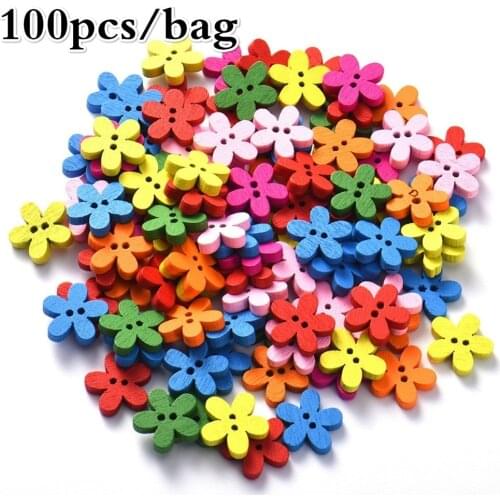 100pcs 14x15mm 2-hole Mixed Flower Wooden Decorative Buttons Suitable for Sewing Clip Arts and Crafts Multicolor gifts for you