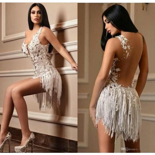 2020 Sexy Short Prom Dresses V Neck A Line Lace Appliqued Crystal Tassel Cocktail Party Dress Formal Gowns Evening Wear