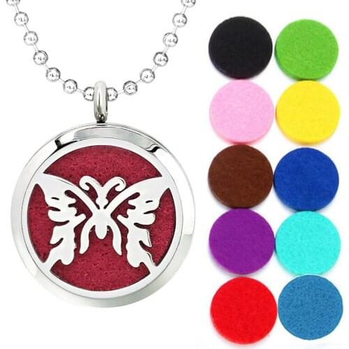 30mm Stainless Steel Diffuser Necklace Pendant Butterfly Essential Oil Aromatherapy Perfume Locket Women Jewelry 10pcs Pads Gift