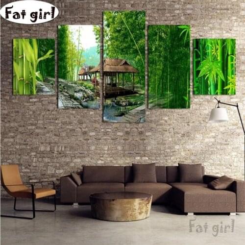 5D DIY Diamond Painting Bamboo forest and pavilion Full Square/Round Embroidery Mosaic cross stitch Kit living room Decorations