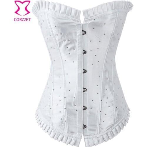Ruffle Trim Satin With Rhinestone Espartilhos Corset Corselet Overbust White Bustier Sexy Gothic Wedding Corsets and Bustiers