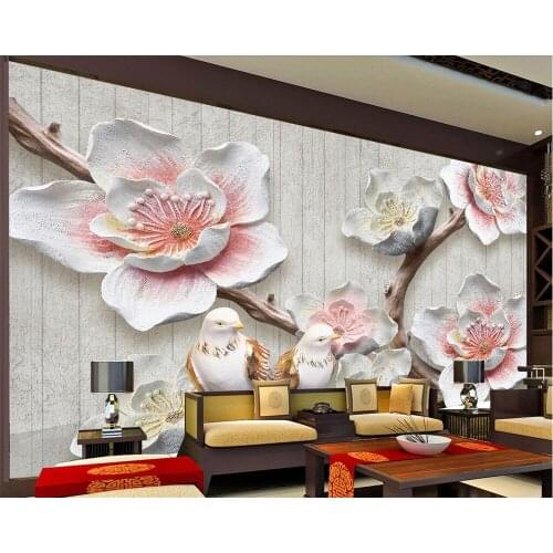 Beibehang Custom wallpaper Chinese embossed plum bird retro elegant 3D TV background wall living room bedroom mural 3d wallpaper