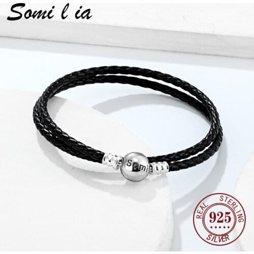 SOMILIA Classic 100% 925 Sterling Silver Bracelet Moments Double Black Leather Bracelet Women Jewelry