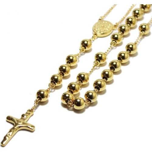 High Quality Fashion 6mm Stainless Steel ball Bead Chain Rosary Jesus Christ Cross Pendant Long Necklace Mens Chain