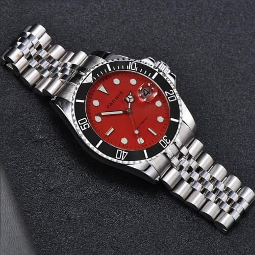 Parnis 40mm Red Dial Mechanical Automatic Watch Men Black Ceramic Bezel Miyota 8215 Movement Calendar Mens Watches 2021 Gift