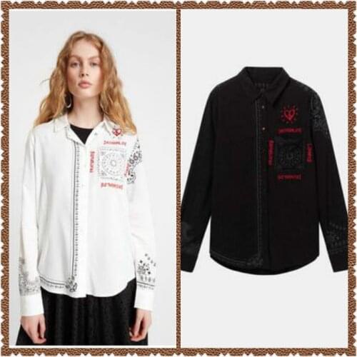 DESIGUAL spain single heart embroidered printed open shirt in black and white