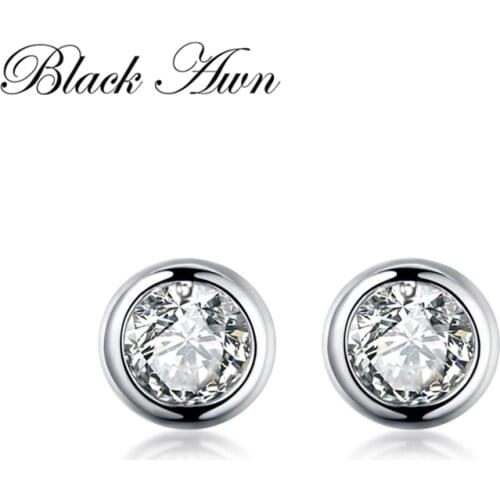 BLACK AWN Classic 925 Sterling Silver Earrings Cute Stud Earrings for Women Silver 925 Jewelry Round Boucles d'oreilles I190
